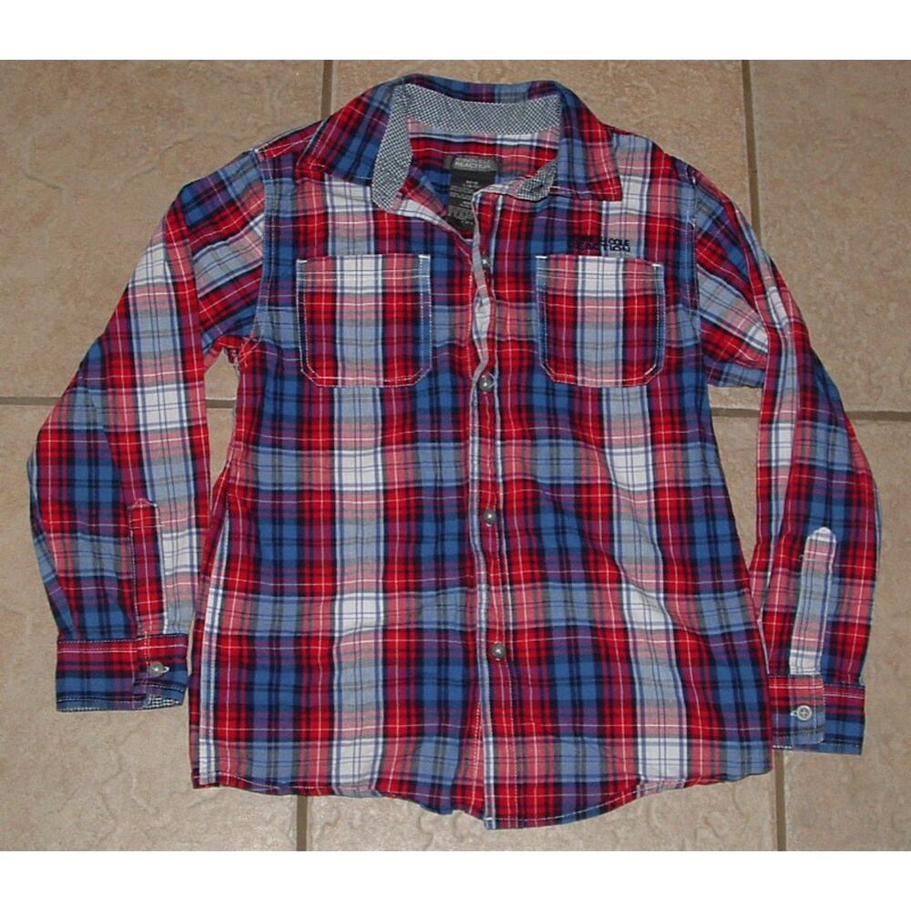 KENNETH COLE REACTION Boys Sz 8/10 Plaid Long Sleeve Button Up Cotton LOGO Shirt